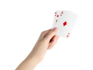Poker game. Woman holding playing cards on white background, closeup