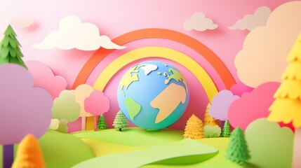 Naklejka premium A colorful rainbow is above a blue globe, with trees and grass in the background