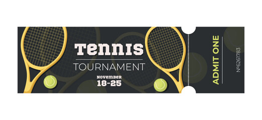 Vector sport tickets isolated on white background. Tennis ticket card template. Card invitation, event and date, place sector. Ticket icon for website. Tennis Tournament.Racket for tennis and ball.