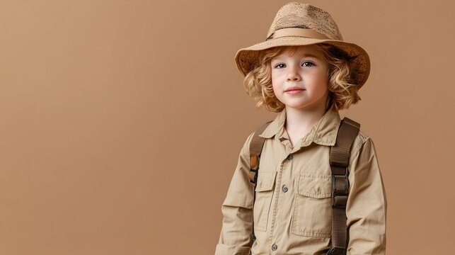 Fototapeta Portrait of a curious and enthralled young child dressed in a safari inspired ensemble standing against a plain beige studio background with copy space for text  The image evokes a sense of wonder