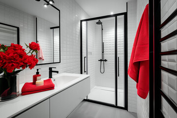 
Sleek, minimalist bathroom with white tiles and matte black fixtures. Bold red accents, like a towel and soap dish, add drama. Clean lines of the vanity and shower door contrast beautifully