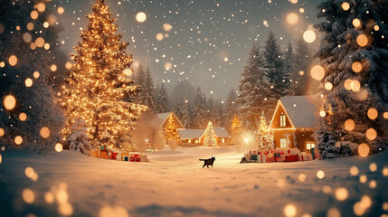Fototapeta premium A cat walks in the snow, next to it is an old European-style house with Christmas trees and gifts around it. The sky has stars, a beautiful sunset, warm colors, bright light, high definition, 