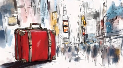A Red Suitcase in Front of a Cityscape Painting