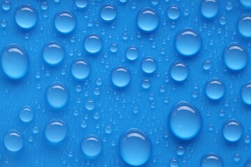 Water drops on blue background, top view