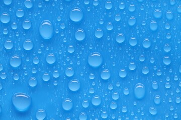 Water drops on blue background, top view