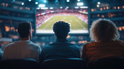 a diverse group of individuals watching a live sports broadcast on a big screen, capturing the excitement of the moment