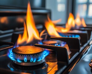 A gas fire burning on a kitchen stove with intense blue and orange flames