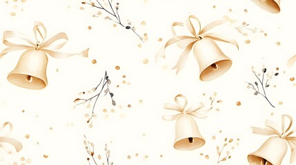 Blanket with photo Minimalist watercolor Christmas bells with delicate golden ribbons scattered over a light cream background seamless design for festive holiday cards invitations wrapping paper and more