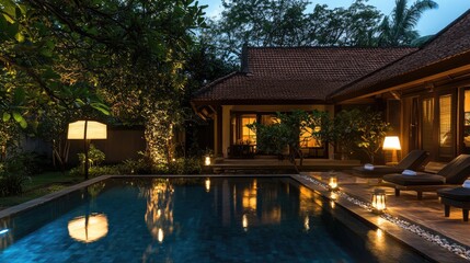 Obraz premium Serene Evening at Luxury Villa with Pool and Garden