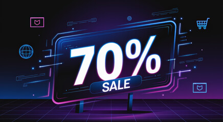 Fototapeta premium Vibrant digital sale sign with 70% discount on a dark background.