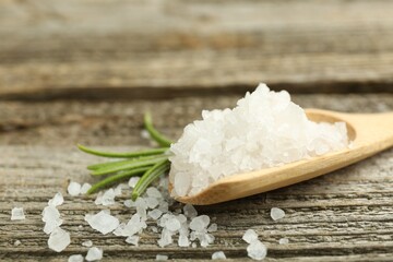 Sea salt in spoon and rosemary on wooden table, closeup