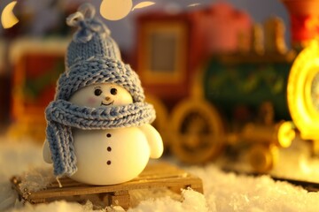 Cute decorative snowman on artificial snow against blurred background, closeup