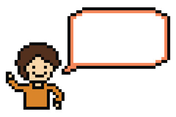 Cartoon cute pixel character man face with chat blank decoration 8 bit male boy say speak discuss idea chat box cartoon pixel game png vector.