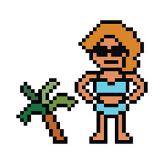 Obraz premium Cute pixel cartoon two piece character woman bikini swimming suit game summer beach vacation for decoration lifestyle female bikini cartoon 8 bit holiday relax pixel art png vector.