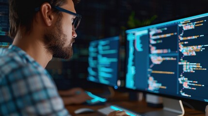 A software developer focusing intently on code on dual monitors, working in a modern tech office with blue and dark tones.