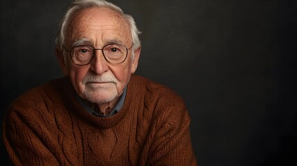 Obraz premium Closeup Portrait Shot of Thoughtful Serious Looking Elderly Gentleman Wearing a Warm Cozy Cable Knit Sweater Against a Plain Gray Studio Background with Dramatic Lighting