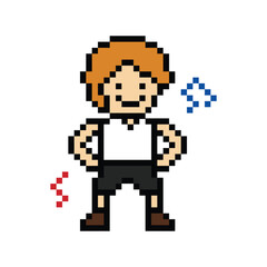Cute cartoon pixel character cute man exercises training dance lifestyle music decoration life style 8 bit male boy dance with music game fitness isolated PNG vector.