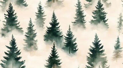 Obraz premium Serene and nature inspired watercolor painting of a seamless pattern with minimalist evergreen trees in muted green tones on a soft beige background Ideal for interior design home decor textiles