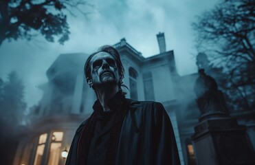 A young man wearing vampire costume for Halloween on background of old house.