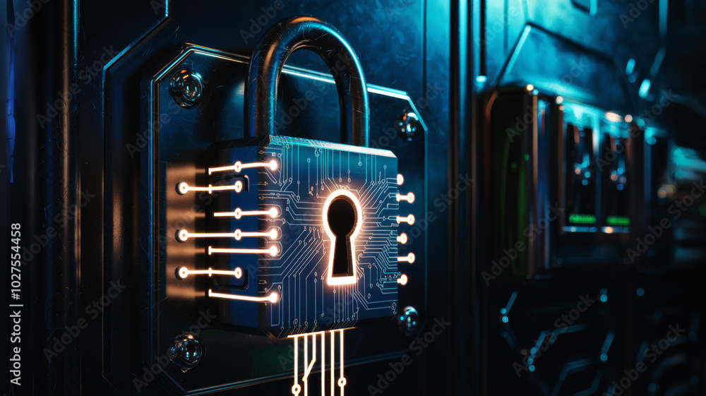 Aufkleber a glowing padlock with circuit patterns against a dark background.