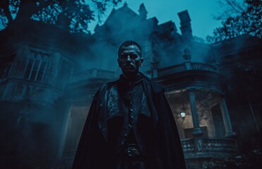 Naklejka premium A young man wearing vampire costume for Halloween on background of old house.