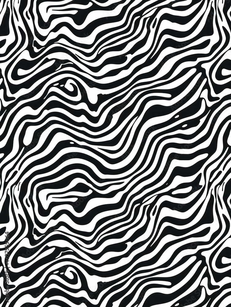 Poster black and white abstract wavy pattern showcasing fluid lines and curves, creating an artistic zebra 