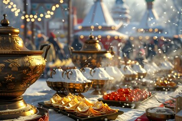 Fototapeta premium Traditional 3D render of a Russian Maslenitsa festival with blini, samovars, and people enjoying the festivities, created by ai