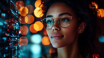 A young woman wearing glasses looks thoughtfully at a computer screen with a futuristic interface.
