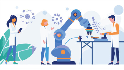 A robotics engineer calibrating a robotic arm, while colleagues of different backgrounds assist vector illustration.