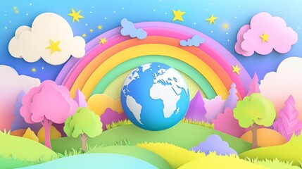 Naklejka premium A colorful rainbow is above a blue globe, with trees and grass in the background