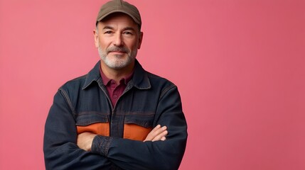 Obraz premium Portrait of a determined and hardworking middle aged man wearing rugged workwear in a lighting studio setting against a plain dusty rose background leaving ample copy space above the subject