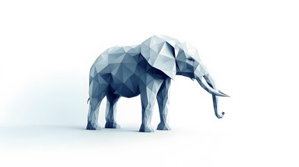 Obraz premium Geometric low-poly elephant, full-body, constructed from interlocking polygons in shades of gray and blue, set against a pristine white background, the angular design accentuates the elephant massive