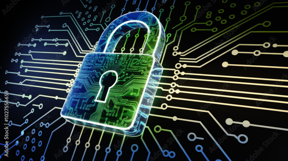 Poster digital padlock on circuit board representing cyber security and data protection.