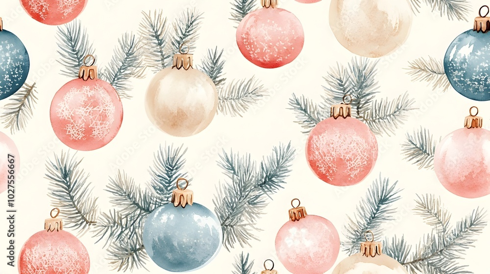 Poster delicate pastel watercolor christmas tree ornaments arranged in a seamless minimalist pattern on a l