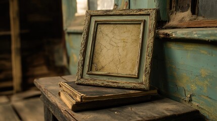 Obraz premium Antique Frame on Rustic Table in Dim Room