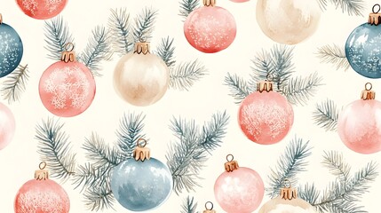 Delicate pastel watercolor Christmas tree ornaments arranged in a seamless minimalist pattern on a light background  The soft gradient colors and abstract circular shapes create a gentle