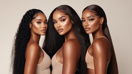 Three stunning Black women showcase flawless glam makeup in a chic photoshoot for a beauty brand featuring luxurious eyelashes