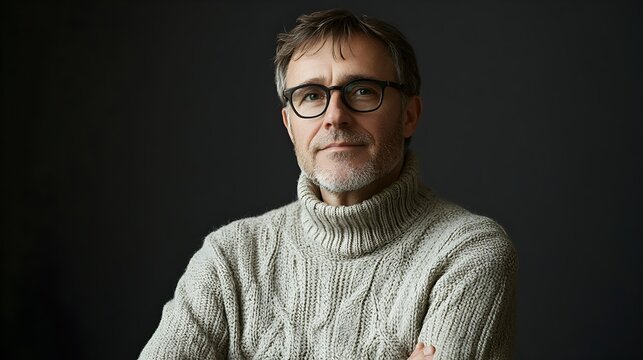 Portrait of a pensive middle aged author dressed in a cozy cable knit sweater looking contemplative and lost in thought against a plain charcoal gray studio background with ample copy space