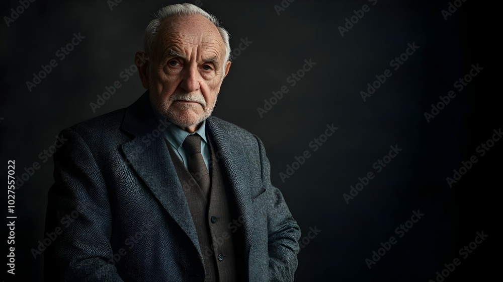 Poster a portrait shot of a serious determined elderly gentleman dressed in a sharp three piece suit with d