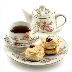 Fototapeta premium Floral teapot, tea cup, and scones with jam on white background