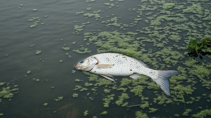 Dead Fish Floating in Polluted Water with Algae