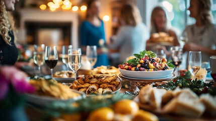A festive gathering featuring an array of delicious dishes and sparkling drinks at a cozy location