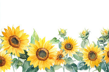 Fototapeta premium yellow sunflowers done in watercolor along the edge of a pure white background