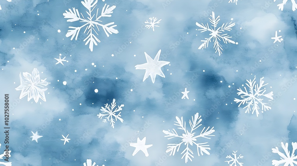 Poster minimalist watercolor snowflakes and stars in subtle shades of white and gray scattered over a light