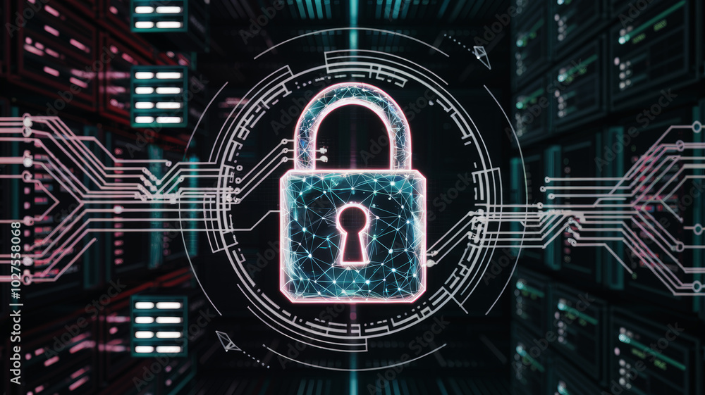 Poster digital padlock with glowing circuits in a server room.
