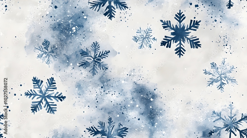 Poster delicate watercolor snowflakes in subtle shades of blue and white scattered across a light gray back