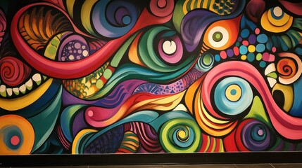 Fototapeta premium Artistic mural with vibrant colors and patterns, offering a bold and creative focal point for your living room.