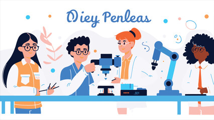 A robotics engineer calibrating a robotic arm, while colleagues of different backgrounds assist vector illustration.