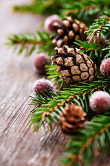 Fototapeta premium Christmas decoration on rustic wooden background. Close up. 