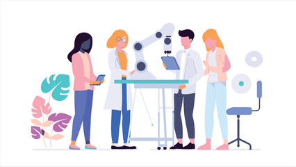 A robotics engineer calibrating a robotic arm, while colleagues of different backgrounds assist vector illustration.